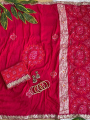 Rani viscose georgette saree with elephant bandhani motifs and lace border – Kalyanja KS408