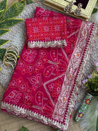 Rani Bandhani Print with Weaving Saree – Viscose Georgette