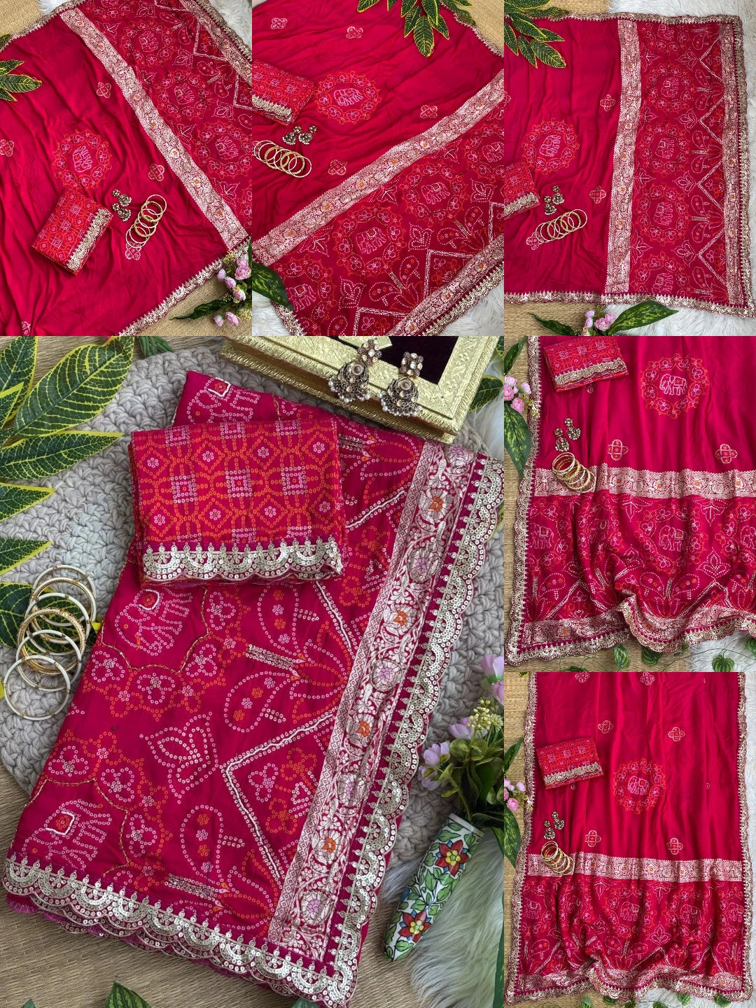 Rani bandhani print with weaving saree multi-angle collage – Kalyanja KS408