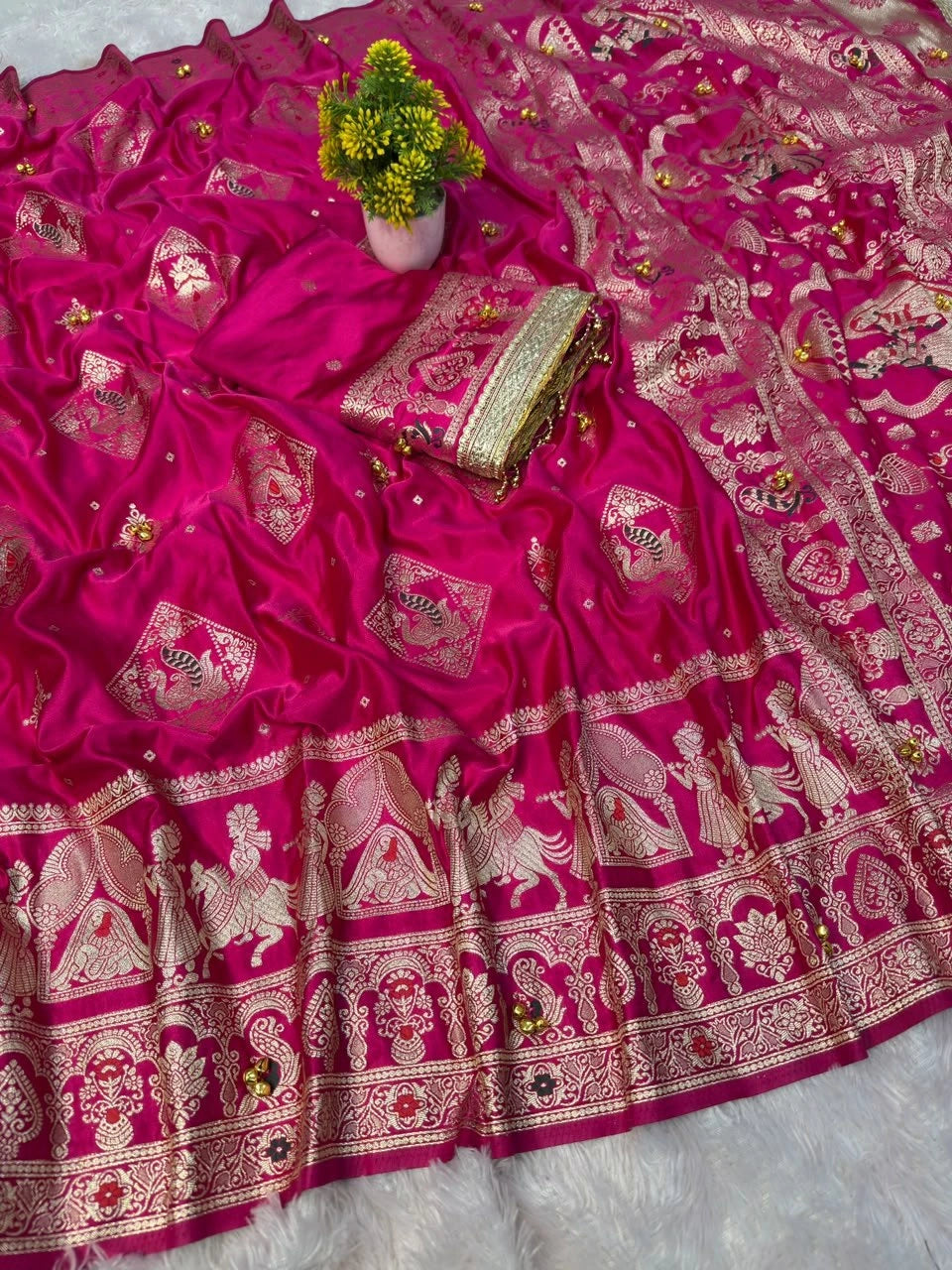 Rani Banarasi satin silk saree with zari bridal figure border