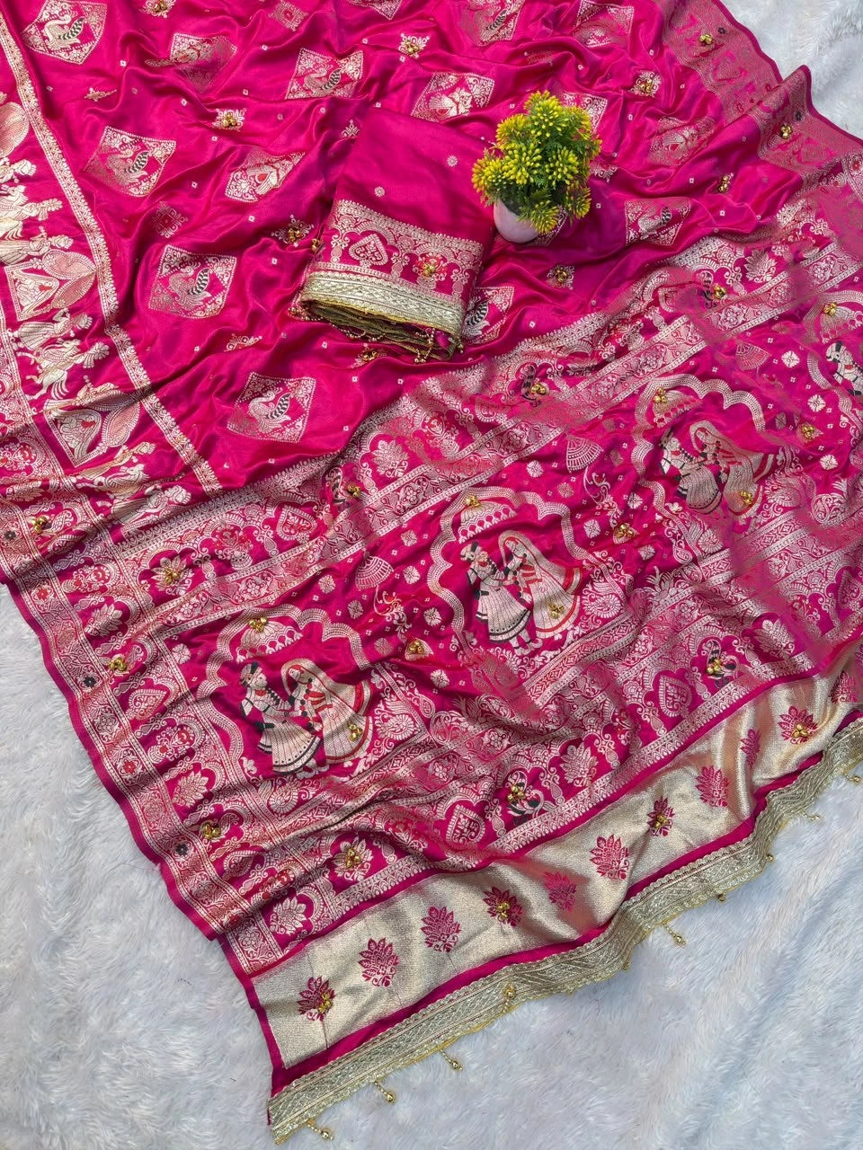 Rani saree with ghungroo work and woven pallu