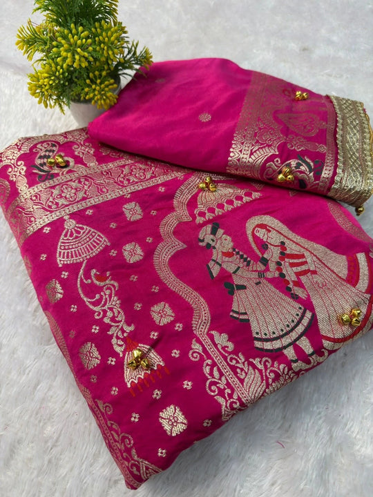 Rani saree folded with zari bride and groom motif