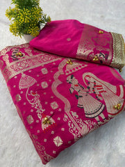 Rani saree folded with zari bride and groom motif