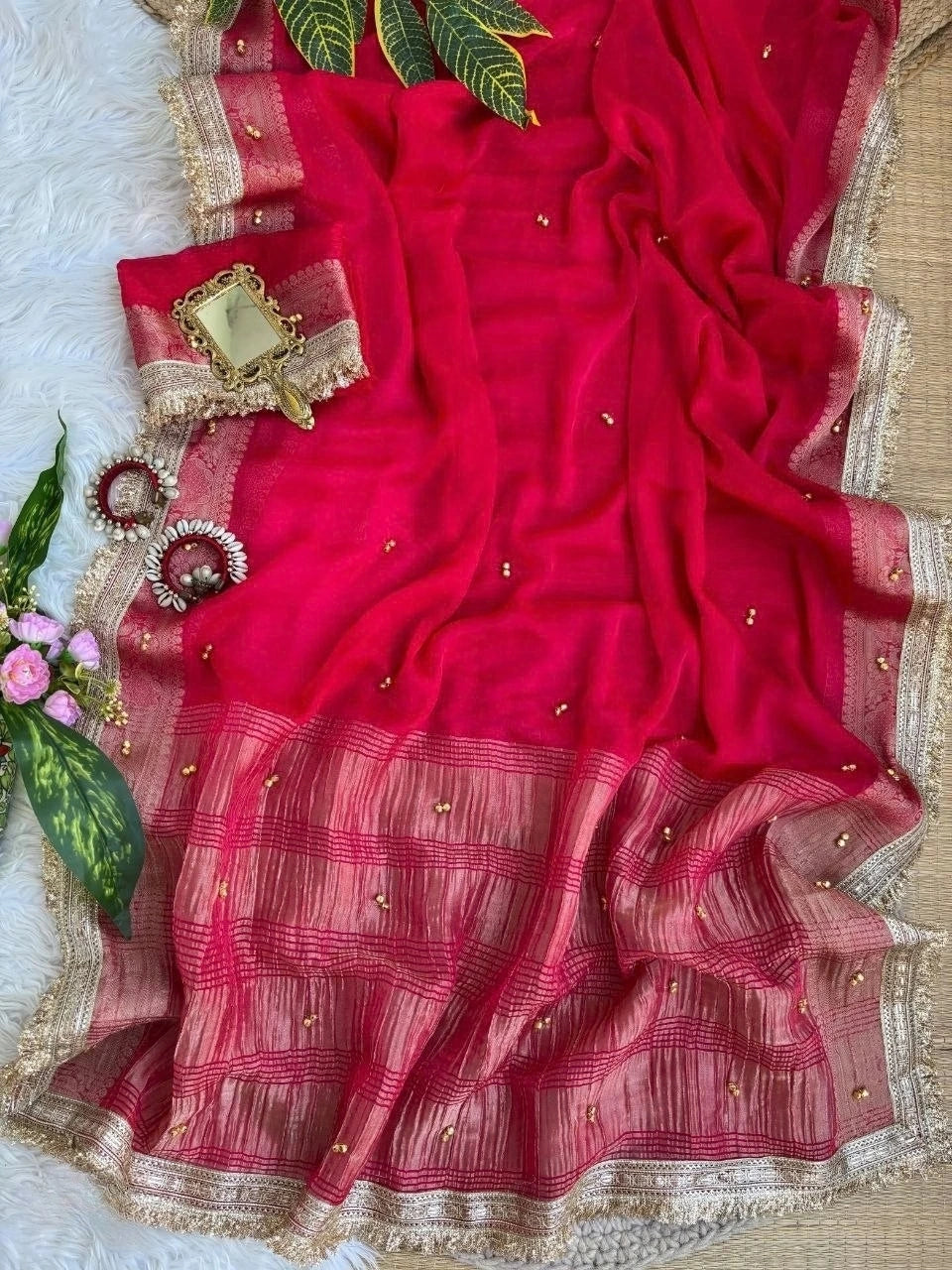 Rani fendy chiffon saree with gold ghungroo buttis and crush zari pallu – Kalyanja KS406