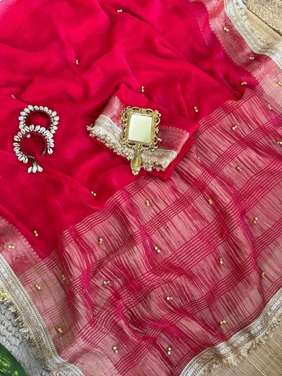 Rani fendy chiffon saree close-up of ghungroo work and lace – Kalyanja KS406