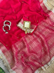 Rani fendy chiffon saree close-up of ghungroo work and lace – Kalyanja KS406