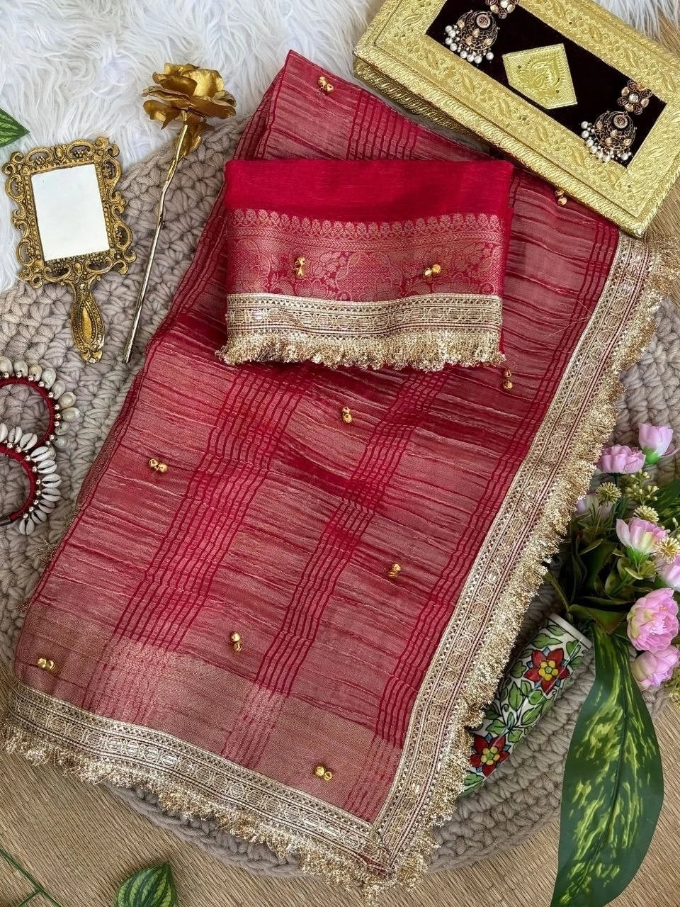 Rani saree folded with lace blouse piece styled flat lay – Kalyanja KS406