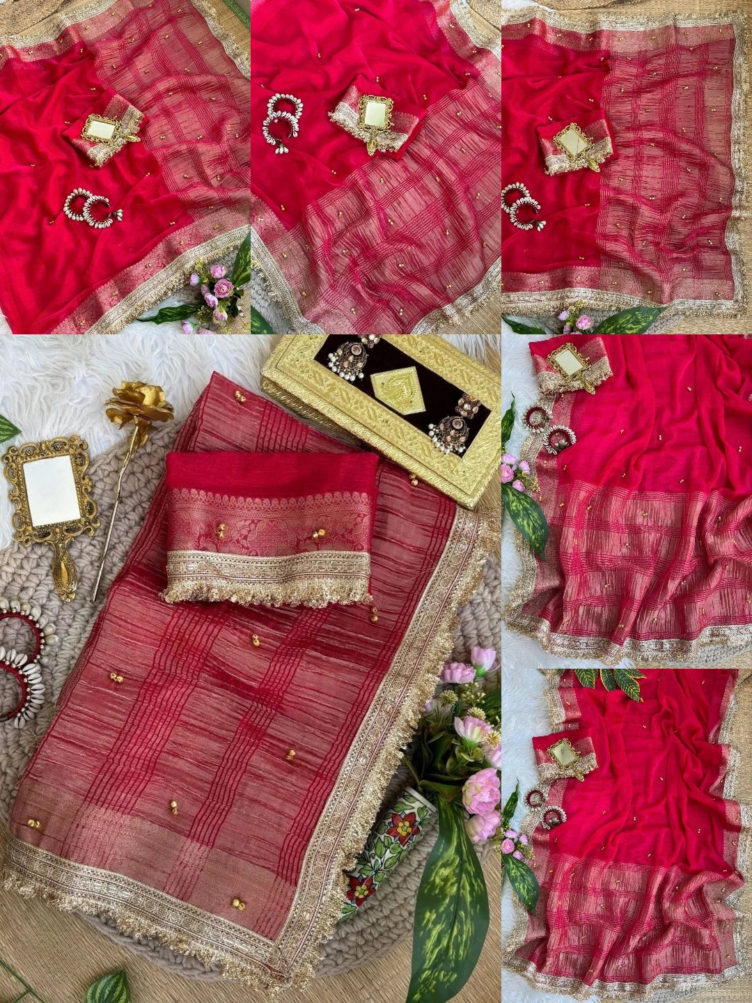 Rani hand ghungroo with fancy lace saree multi-angle collage – Kalyanja KS406