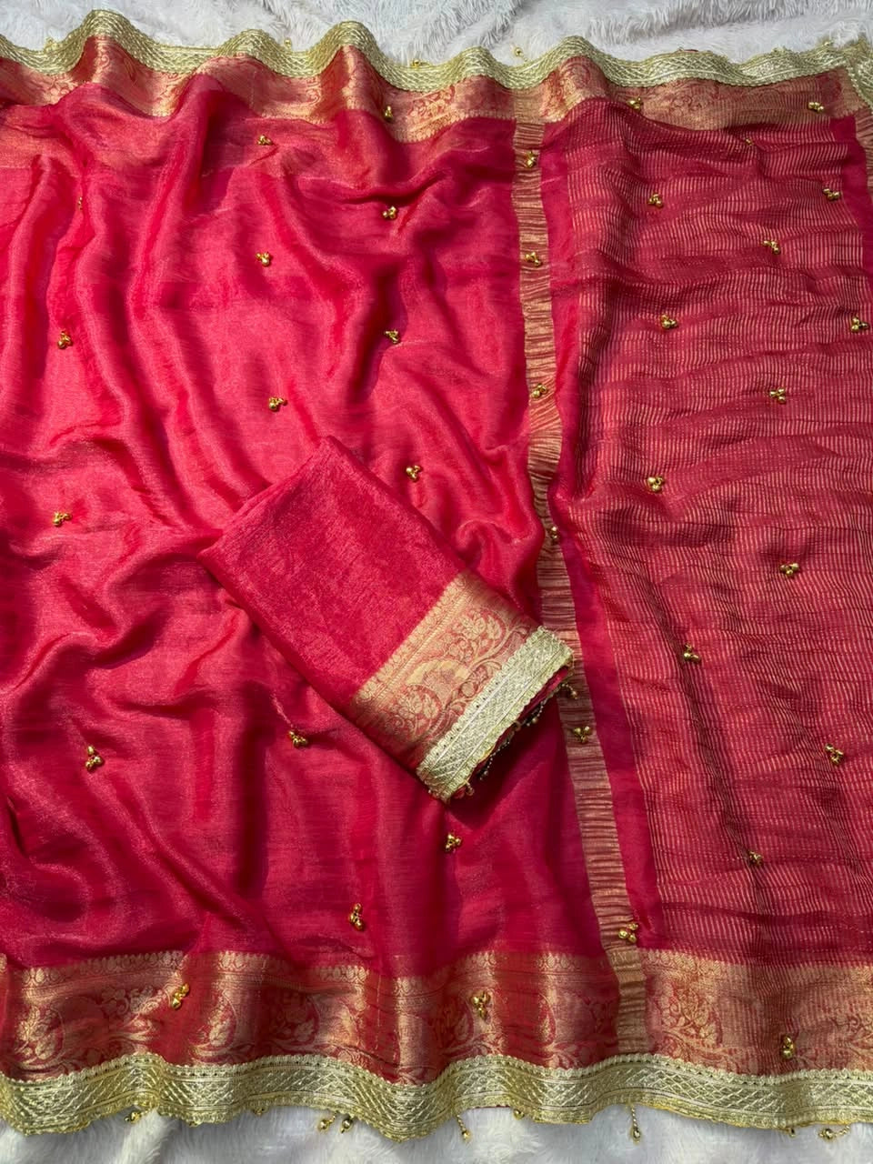 Rani Pink Ghungroo Work with Fancy Moti Lace Saree – full drape view