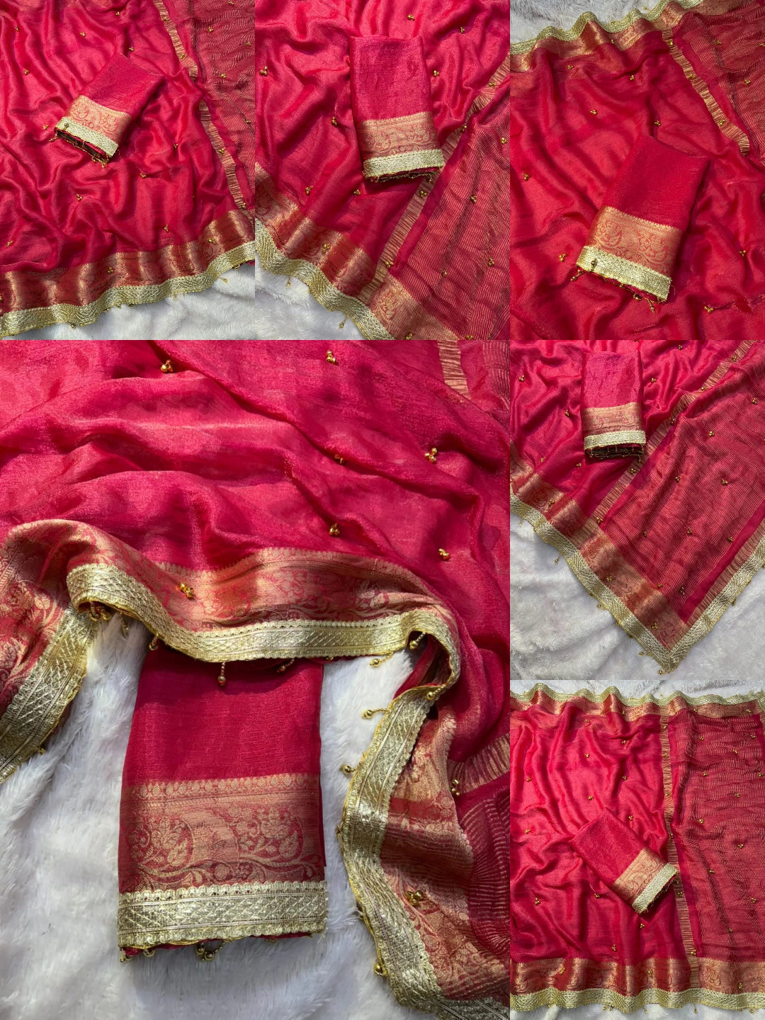 Rani Pink Ghungroo Work with Fancy Moti Lace Saree detail views