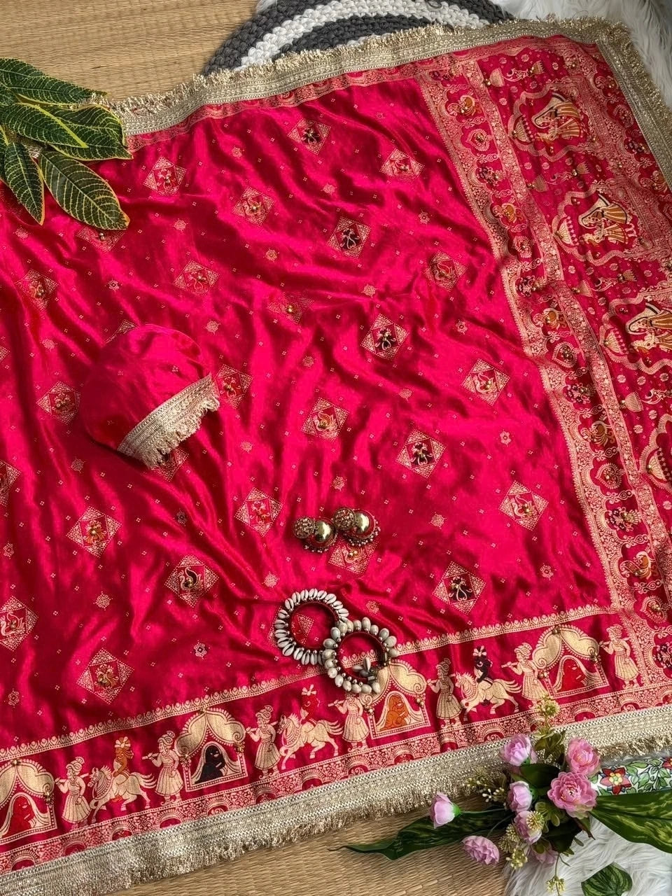 Rani Pink Hand Ghungroo with Meena Work Saree – Full View Kalyanja KS403