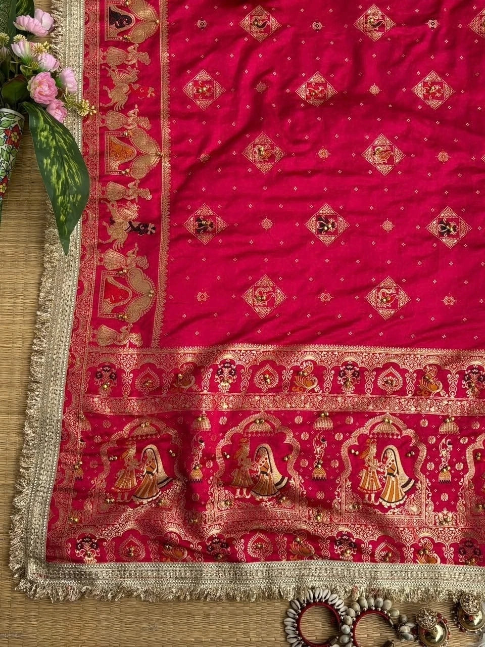Rani Pink Satin Jacquard Saree Hand Ghungroo Meena Work KS403