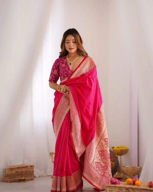 Rani Pink Jacquard Work Saree Soft Lichi Silk Blend KS413 – front view