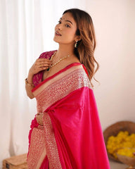 Rani Pink Jacquard Work Saree Soft Lichi Silk Blend KS413 – zari border detail
