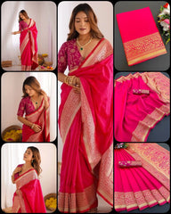 Rani Pink Jacquard Work Saree Soft Lichi Silk Blend KS413 – all views