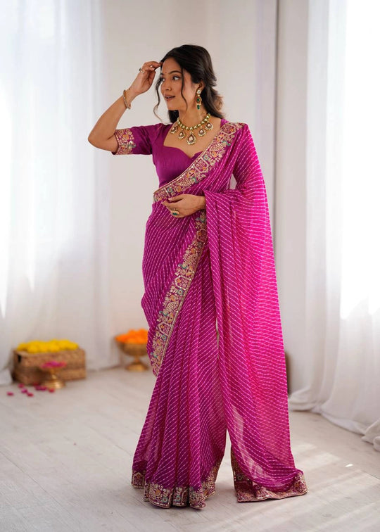 Rani pink leheriya print sequins embroidered faux georgette saree – front drape on model