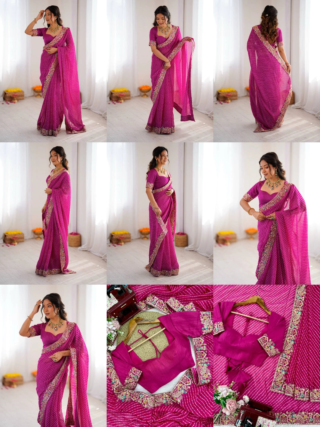 Rani pink leheriya print sequins embroidered saree – all views collage