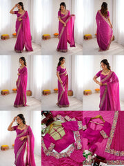 Rani pink leheriya print sequins embroidered saree – all views collage