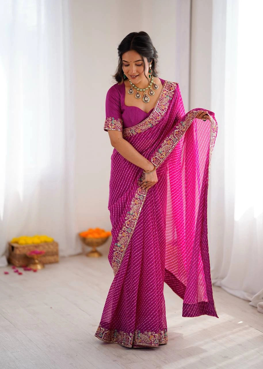 Rani pink faux georgette saree pallu drape on model
