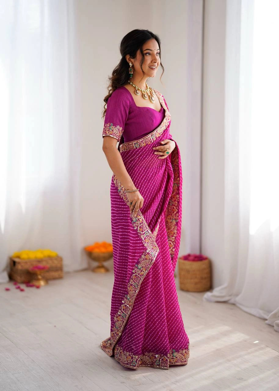Rani pink leheriya print saree – side view on model