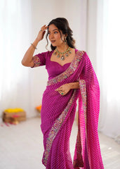 Rani pink sequins embroidered saree – draped look on model