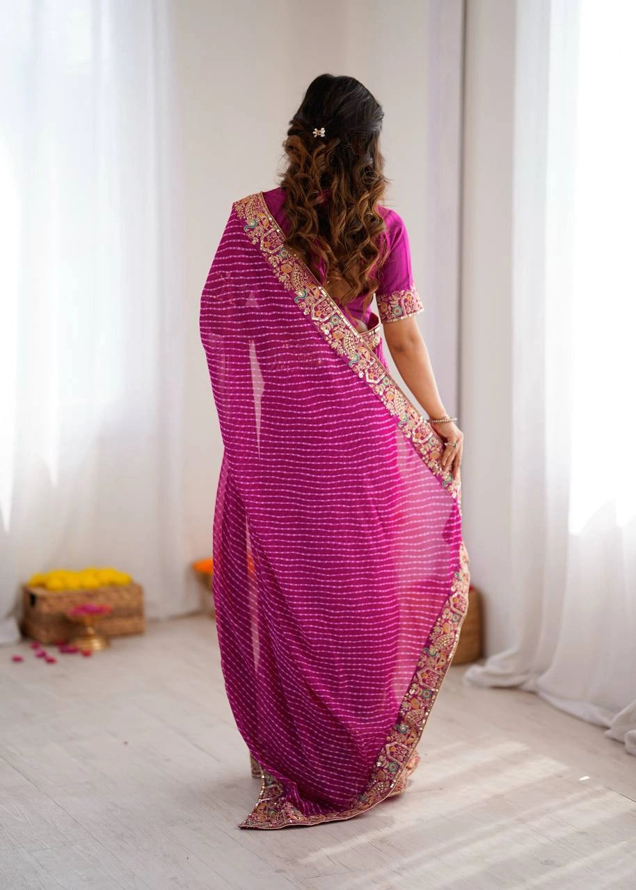 Rani pink leheriya saree – back view on model