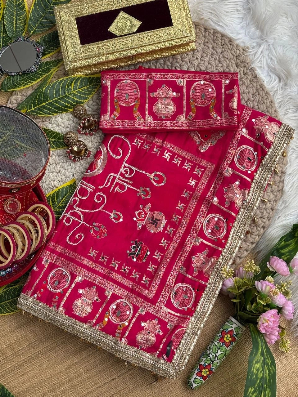 Rani Pink Moti with Mirror Work Saree – Karva Chauth Full View Kalyanja KS401