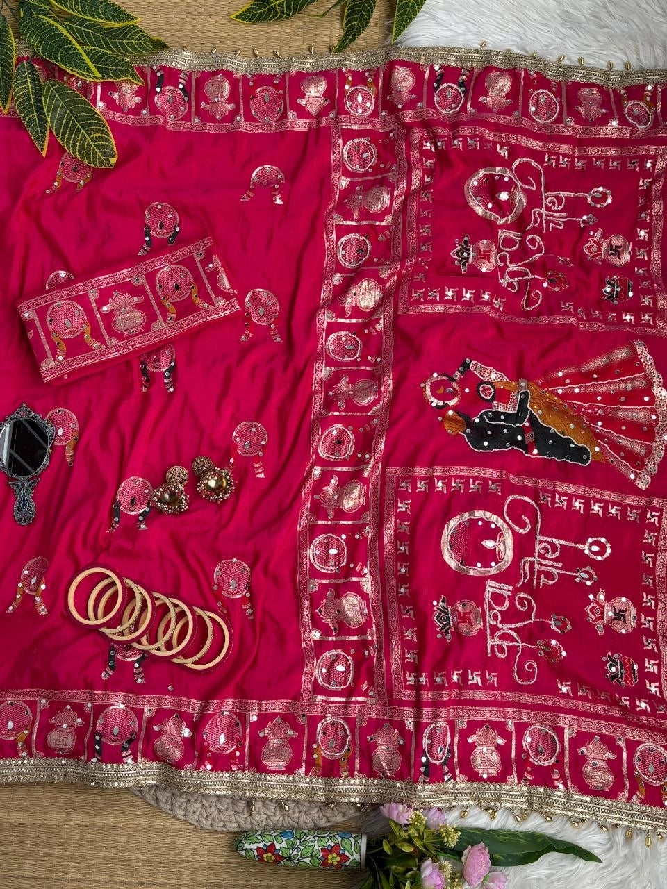 Rani Pink Moti Mirror Work Saree – Karva Chauth Motif KS401