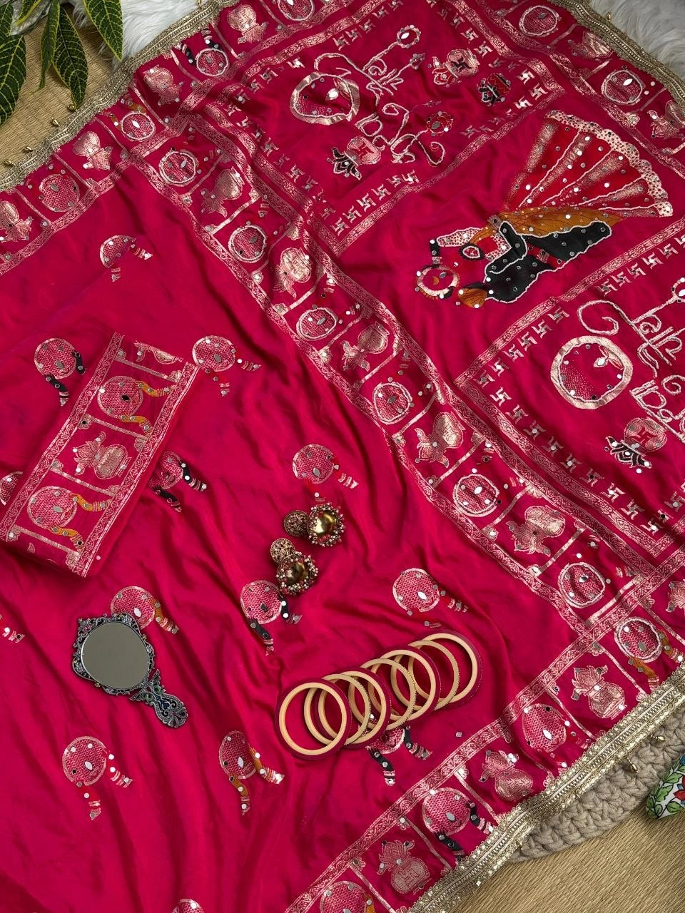 Rani Pink Karva Chauth Saree Kalyanja – Moti Embroidered Border KS401