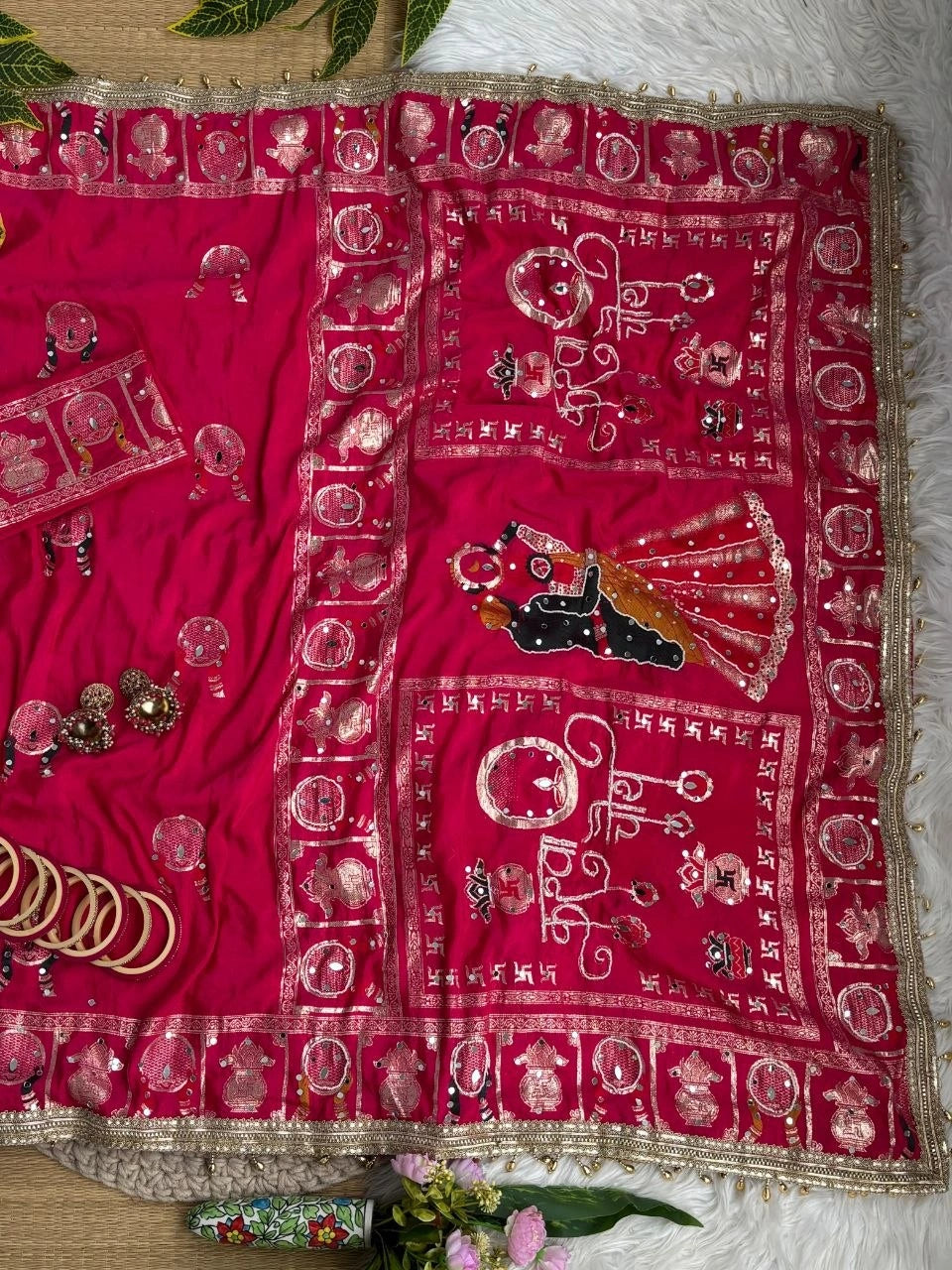 Rani Pink Moti Mirror Work Karva Chauth Saree – Kalyanja KS401