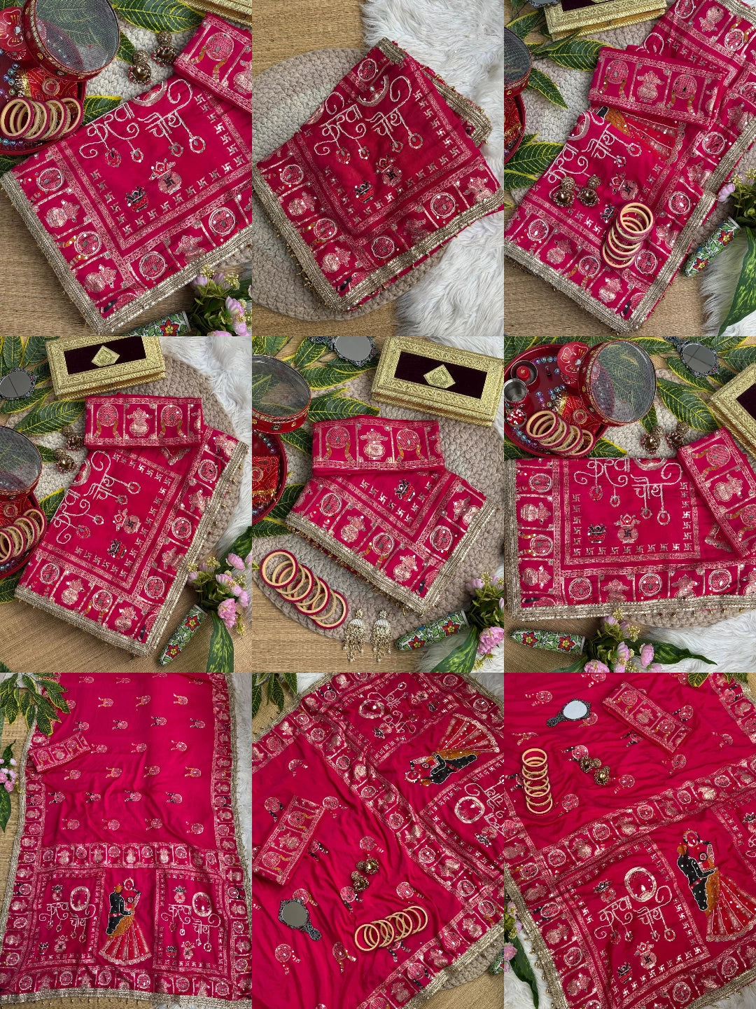 Rani Pink Karva Chauth Moti Mirror Saree – Full Border View Kalyanja KS401