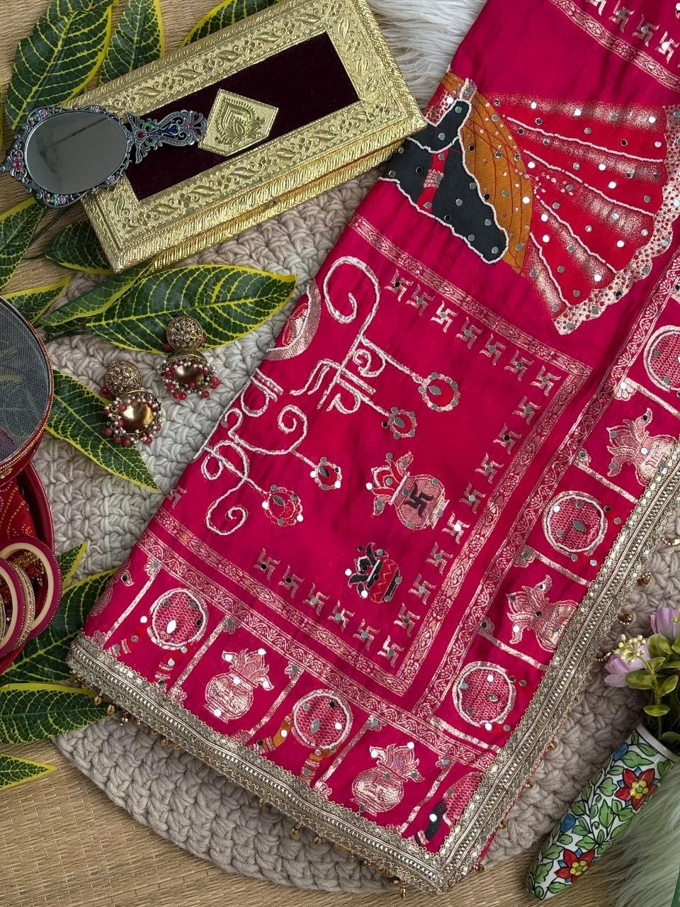 Rani Pink Karva Chauth Saree – Moti Mirror Work Flat Lay Kalyanja KS401