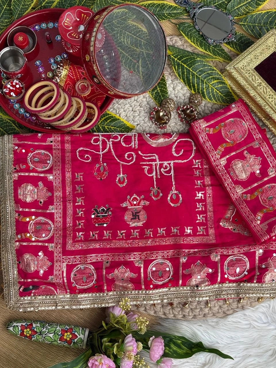 Rani Pink Karva Chauth Saree – करव चौथ Inscription Pallu KS401