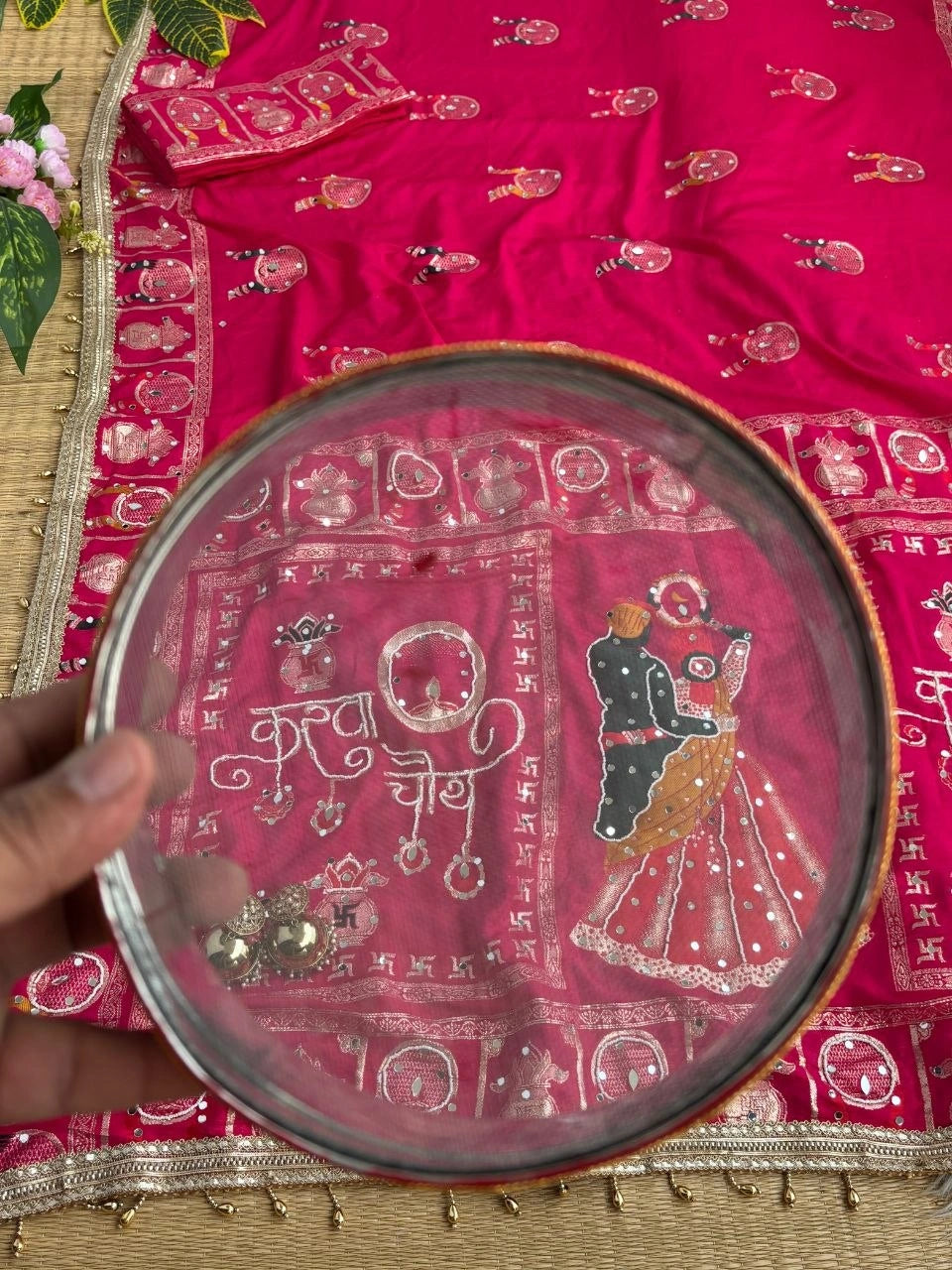 Rani Pink Karva Chauth Saree – Moti Mirror Work Styling KS401