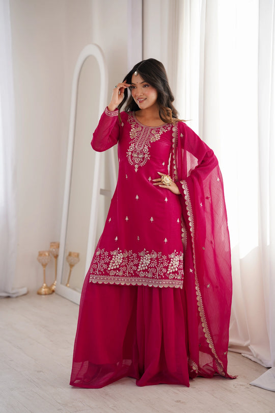 Rani Pink Sequins Embroidered Suit – Sharara Set with Dupatta