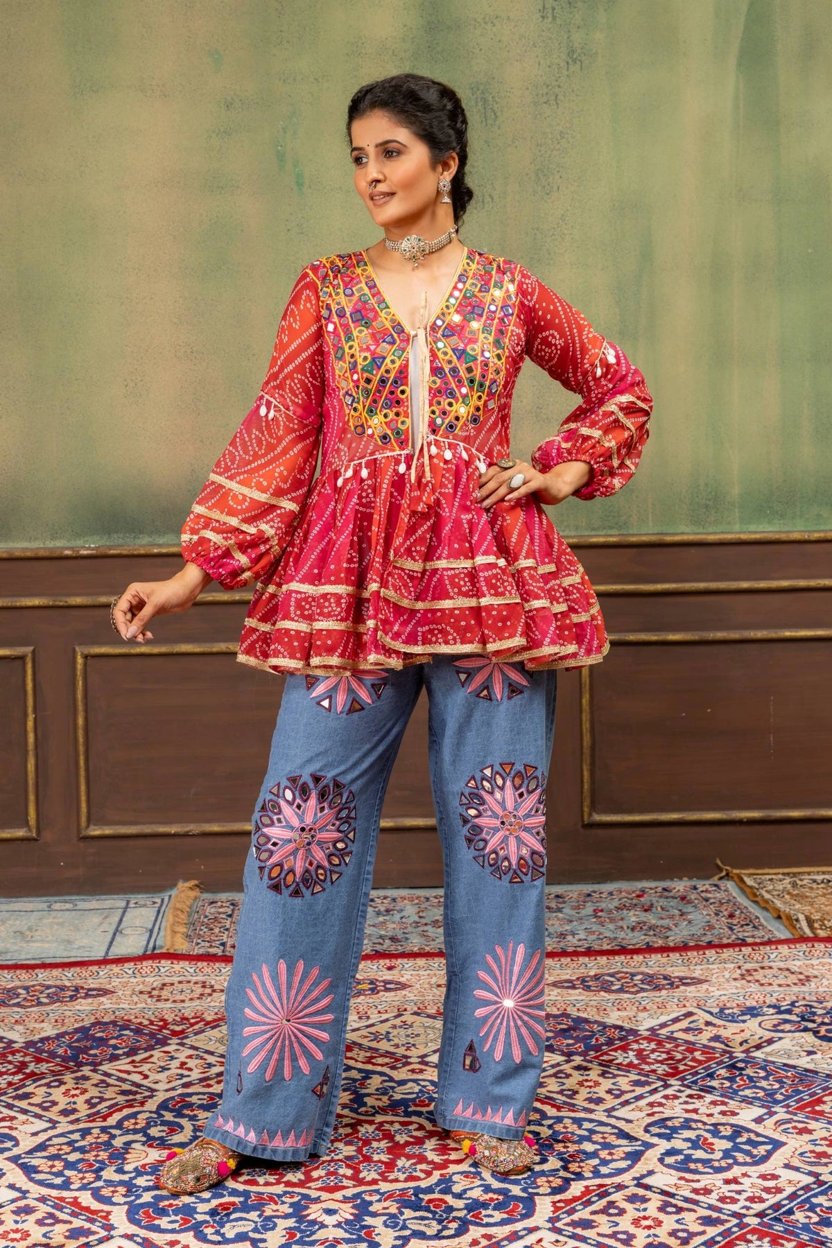 Red Bandhani Kediya Embroidered Jeans Coord Set full length Kalyanja KC20