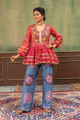 Red Bandhani Kediya Embroidered Jeans Coord Set full length Kalyanja KC20