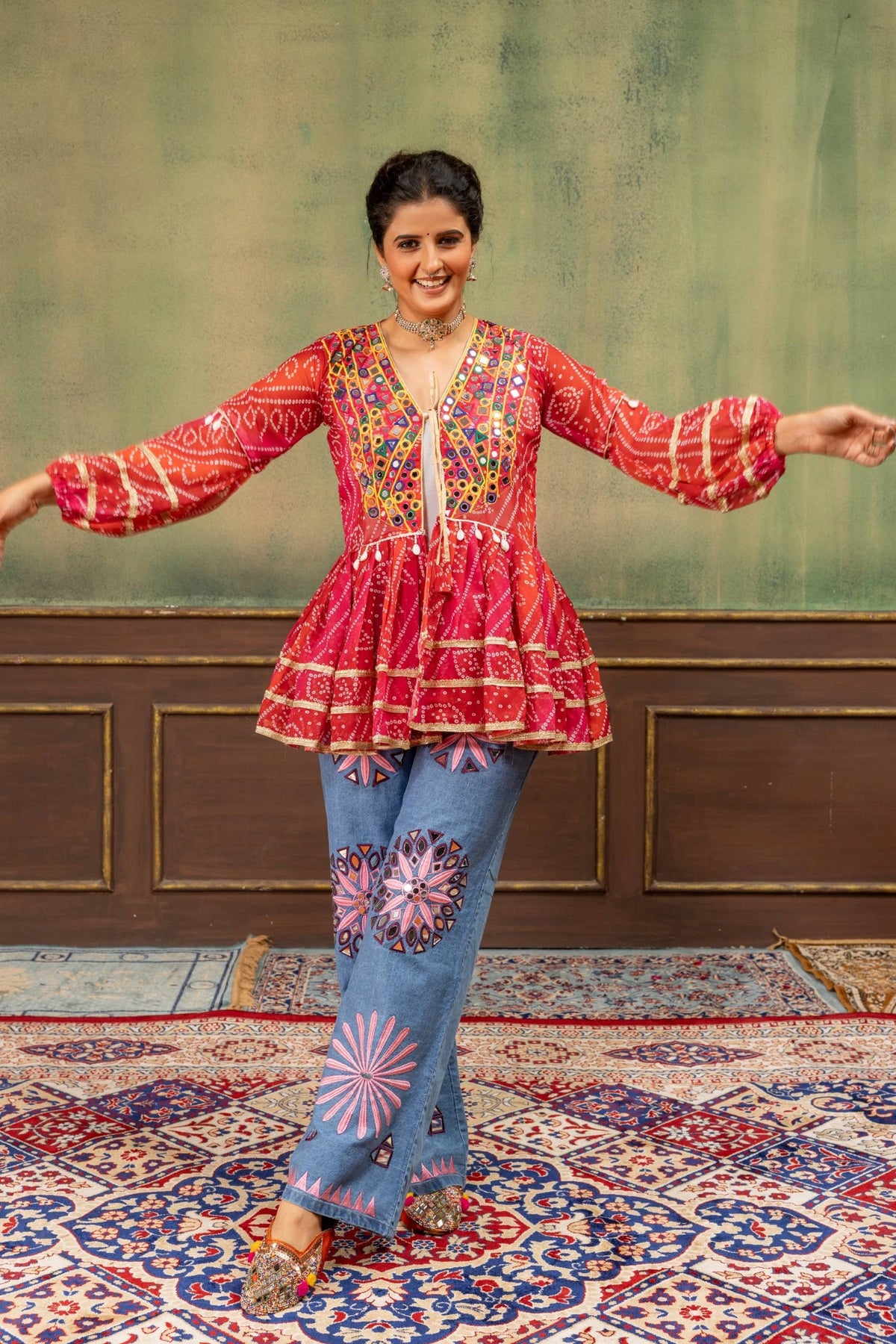 Red Bandhani Mirror Work Coord Set festive dance pose Kalyanja KC20