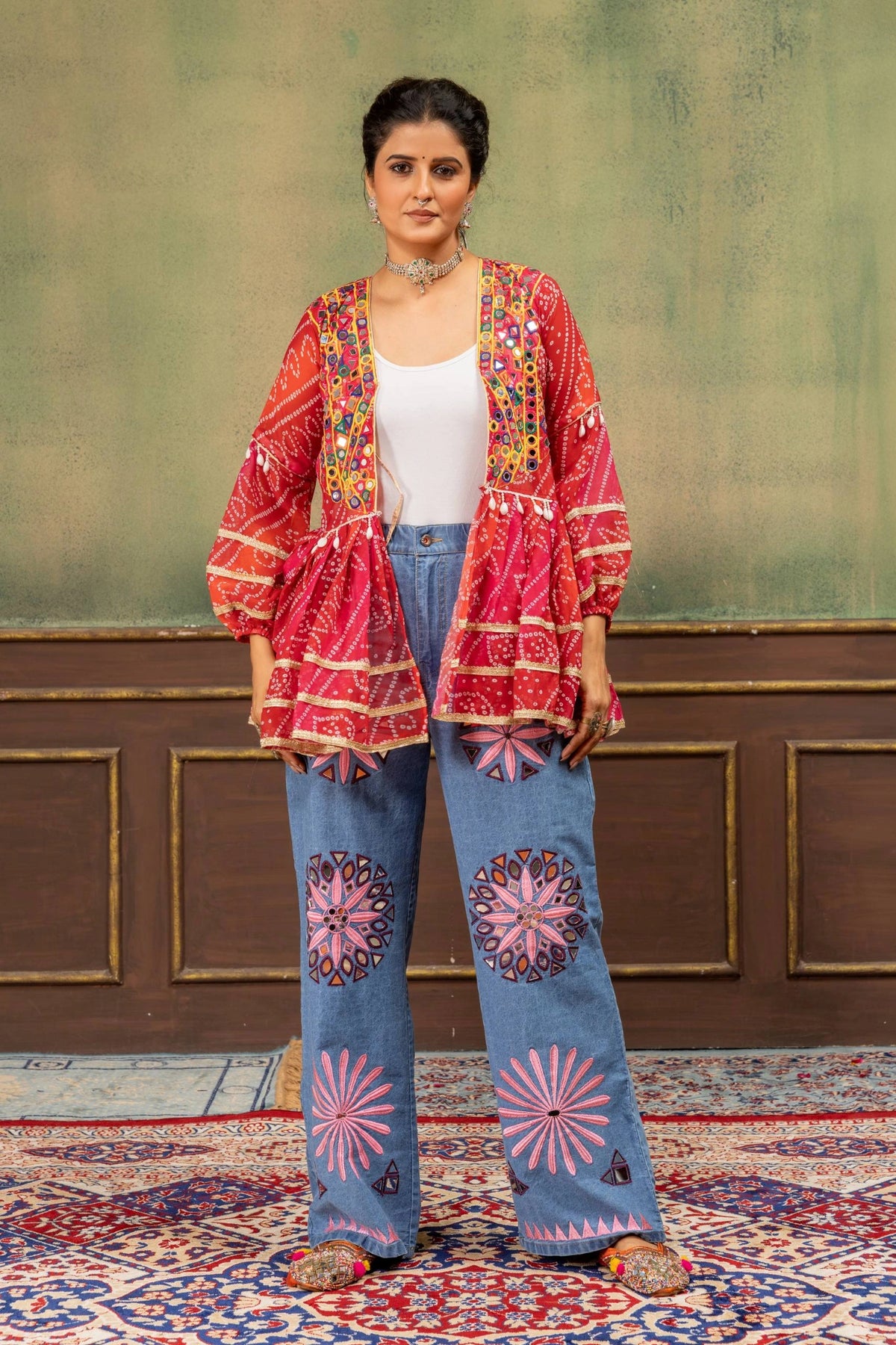 Red Bandhani Kediya Coord Set open front with embroidered jeans Kalyanja KC20