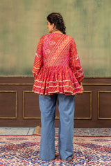 Red Bandhani Mirror Work Coord Set back view covered back Kalyanja KC20