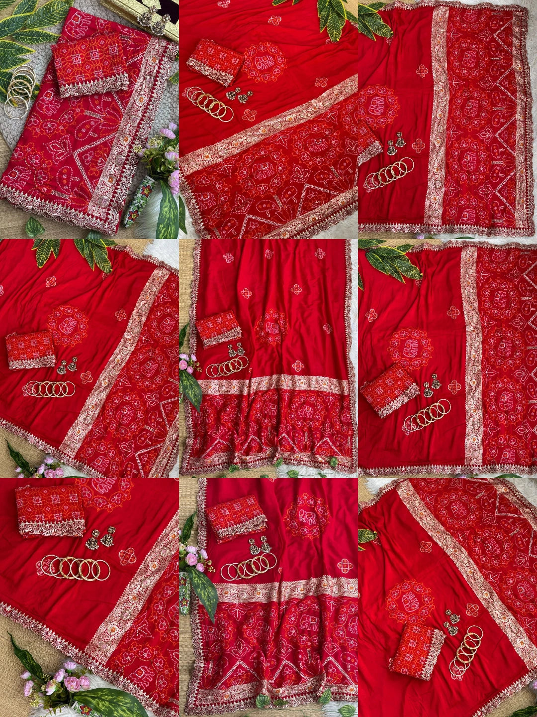 Red bandhani print with weaving saree multi-angle collage – Kalyanja KS408