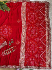 Red viscose georgette saree with elephant bandhani motifs and lace border – Kalyanja KS408