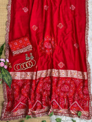 Red bandhani saree pallu and plain body with blouse piece – Kalyanja KS408