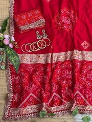 Red soft viscose georgette saree laid flat with printed pallu – Kalyanja KS408