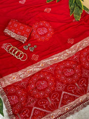 Red saree elephant bandhani medallion print detail – Kalyanja KS408