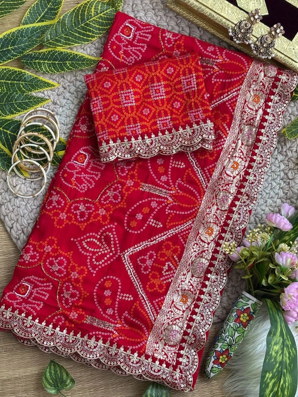 Red bandhani saree folded with printed blouse piece – Kalyanja KS408