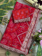 Red bandhani saree folded with printed blouse piece – Kalyanja KS408