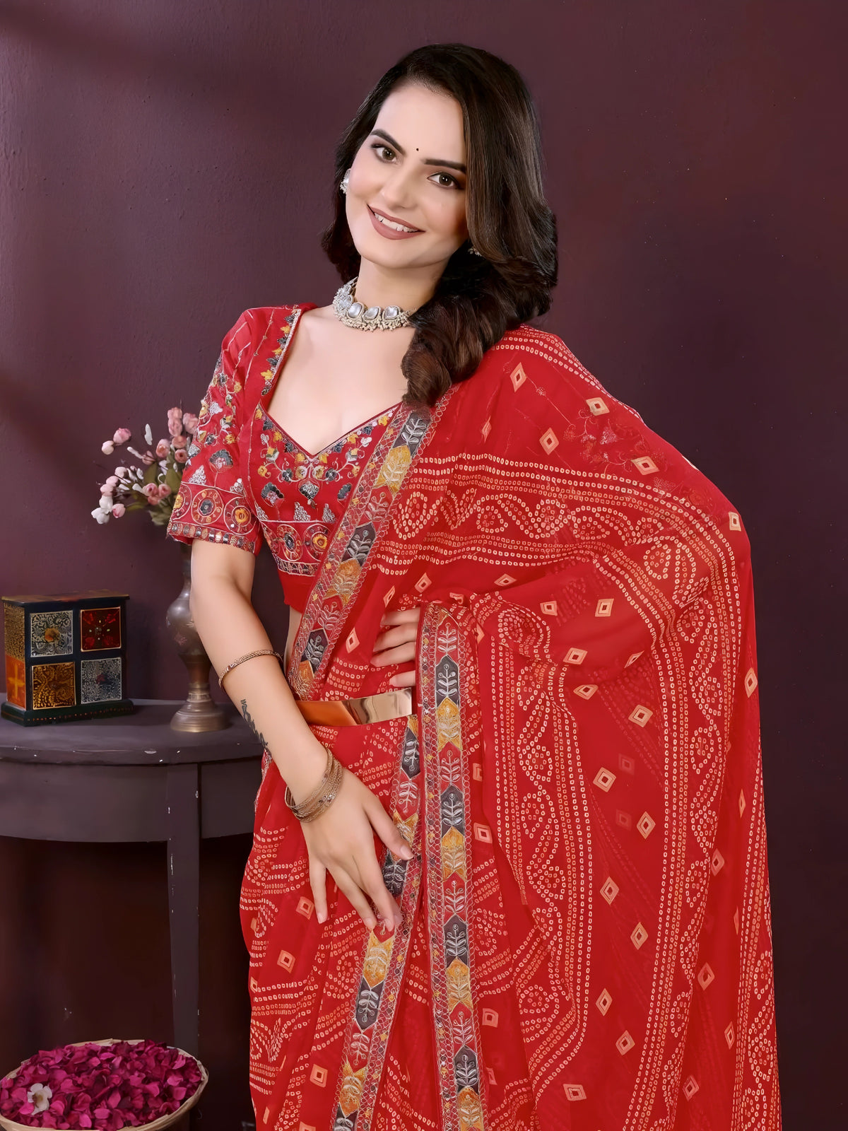 Orange Digital Print with Embroidery Work Georgette Saree