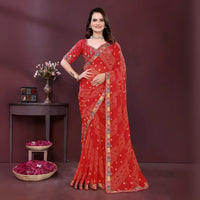 Orange Digital Print with Embroidery Work Georgette Saree