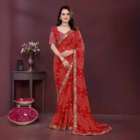 Red Digital Print with Embroidery Work Georgette Saree